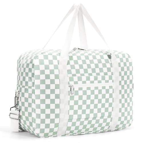 Narwey for Spirit Airlines Personal Item Bag 18x14x8 Foldable Duffle Bag for Travel Packable Duffel Bag for Traveling Carry on Luggage for Women (Mint Green Checkerboard (with Shoulder Strap))