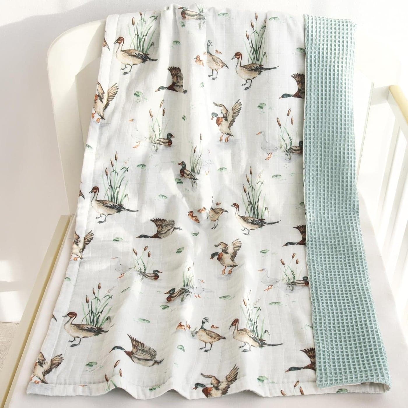 LifeTree Waffle Baby Blankets Muslin Swaddle Blanket for Boys Girls 2 Layers Crib Stroller Receiving Blankets with Muslin Front and Waffle Backing Infant Newborn Mallard Duck