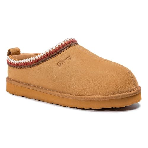 FITORY Women's Suede Slipper, Flat Slip On House Shoes with Faux Fur Lining Indoor Outdoor Short Mini Boots Khaki Size 8