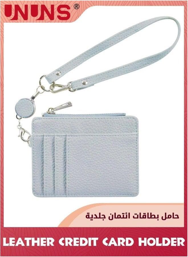 Small Wallet For Women,Leather Credit Card Holder Slim Wristlet Keychain With Zipper Pocket,Slim Minimalist Front Pocket Wallet,Blue