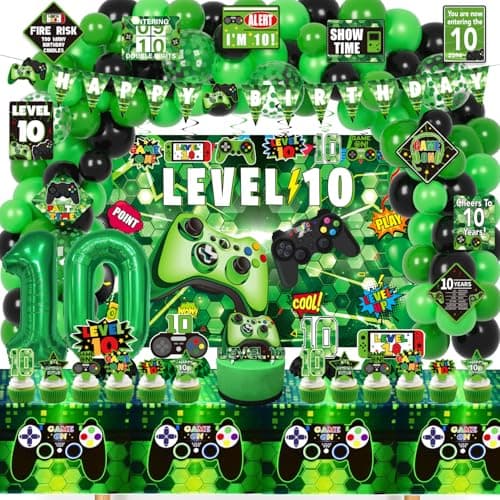 KOTLMIGHT 10th Birthday Decorations for Boys 148Pcs Green Video Game level 10 Party Supplies for Boy 10th Birthday Backdrop Banner Balloons Tablecloth Centerpieces Hanging Swirls Wall Signs