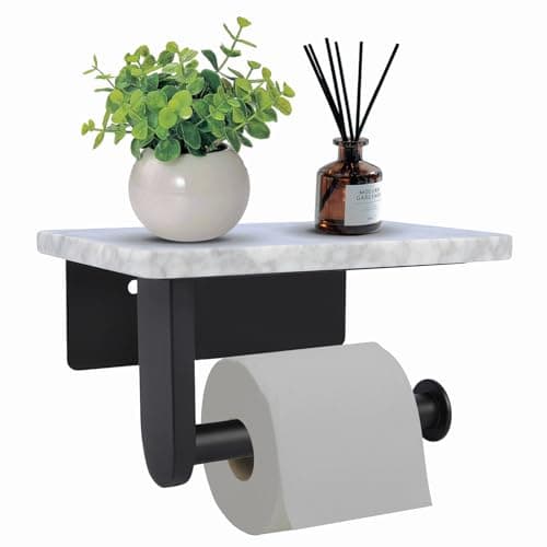 Toilet Paper Holder with Natural Marble Shelf for Bathroom WashroomWall Mounted Tissue Holder Suitable for Mega Roll Small 67 43 in Matte Black