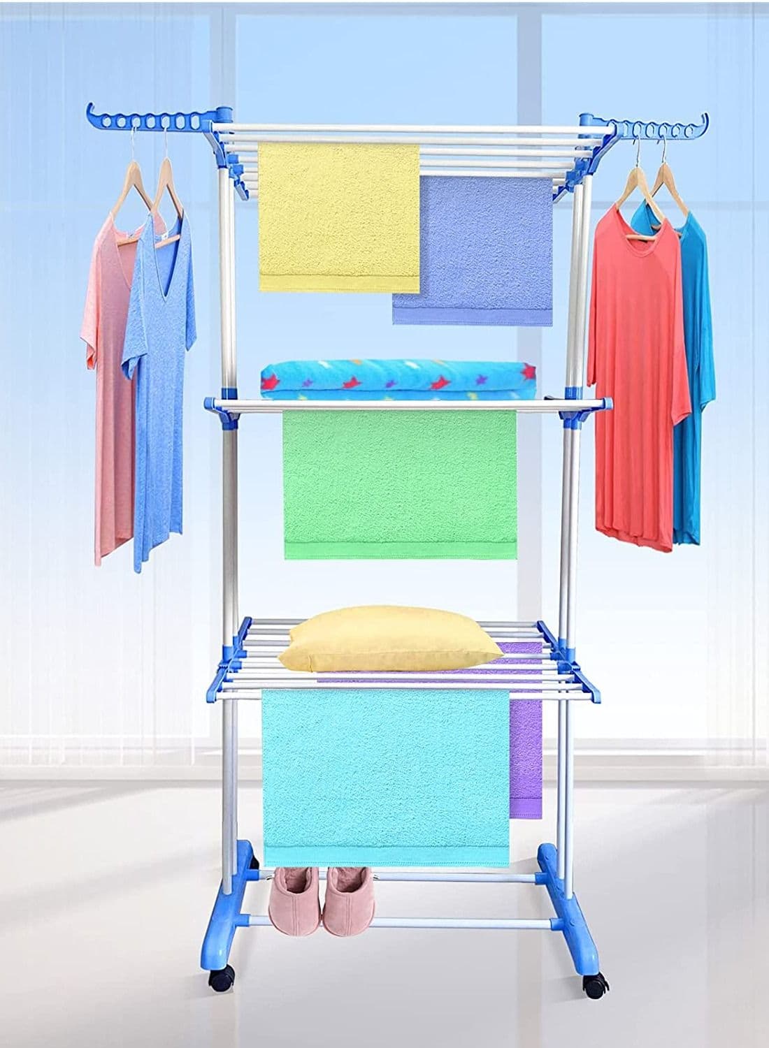 Foldable Coat Rack Three Layer Multi-function Floor Standing Clothes Dryer
