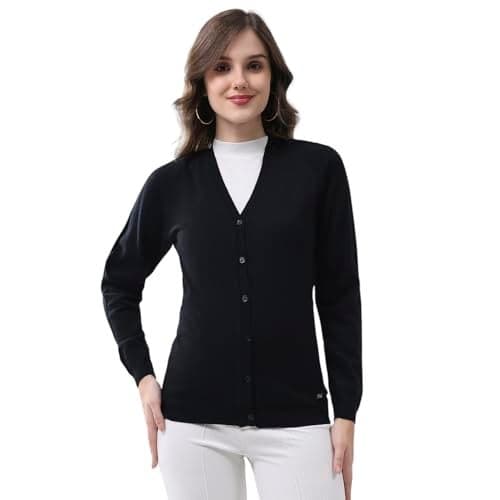 Monte Carlo Women V Neck Cardigan | Regular Fit Full Sleeve Solid Knitwear | Soft Winter Sweater for Casual & Office Wear Black 3XL (Pack of-1)