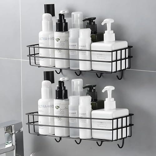 TEKCOOL 2 Pcs Bathroom Shelf for Wall | Self Adhesive Bathroom Organiser | 4 Hooks for Towel Holder | Space-Saving Wall Mounted Bathroom Shelf with Elegant Design (Black)