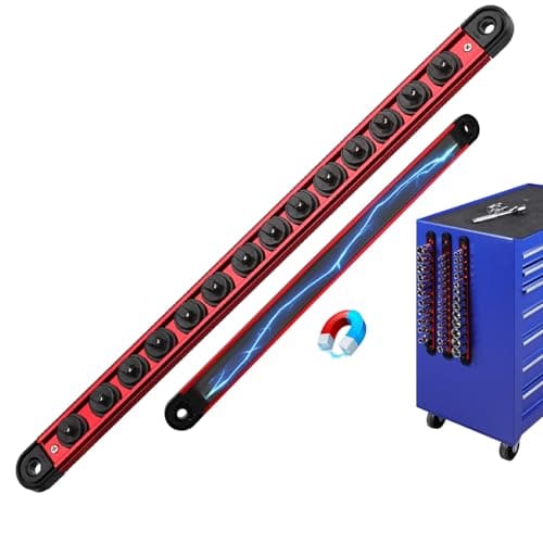 14Inch Magnetic Socket Organizer Rail Aluminum Alloy Socket Rail Heavy Duty Sockets Holder with 14 Clips 360 Swivel Clip Tool Tray Sockets Organizer for Tool Box Drawer Red