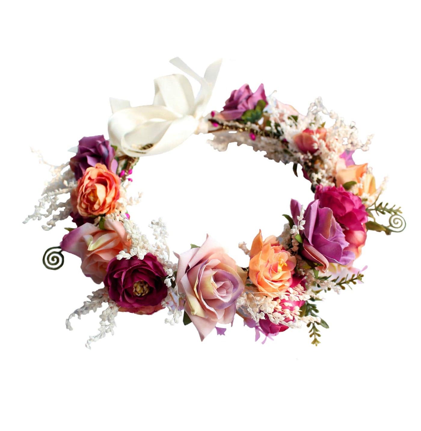 LLinfflr Rose Flower Crown Boho Flower Headband Hair Wreath Floral Halo Headpiece with Ribbon Wedding Party Rosy