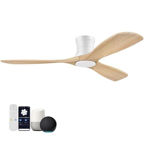 52” Smart Wood Flush Mount Ceiling Fans with Lights and Remote,Quiet DC Motor,Outdoor Indoor Ultra Low Profile Ceiling Fan works with Alexa WIFI APP,Modern White Ceiling Fan for Bedroom Patio