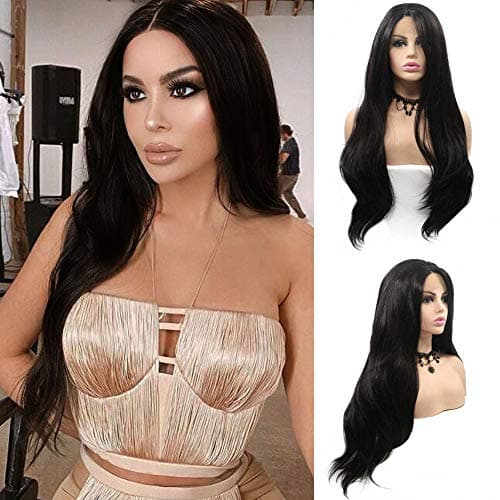 Purple Lace Front Wigs for Women Natural Wavy Long Synthetic Wig with Brown Roots Purple Color Wigs Pre Plucked Hairline Glueless Real Hair Heat Resistant Fiber Hair Drag Cosplay Wig 24 inch