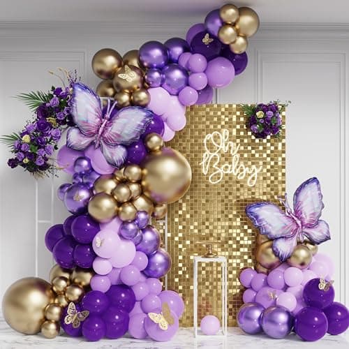 Enanal Purple Butterfly Balloon Garland Arch Kit 158pcs Purple Chrome Gold Balloons with Butterfly Foil Balloons for Girl Birthday Baby Shower Party Supplies Bridal Shower Wedding Decoration Purple