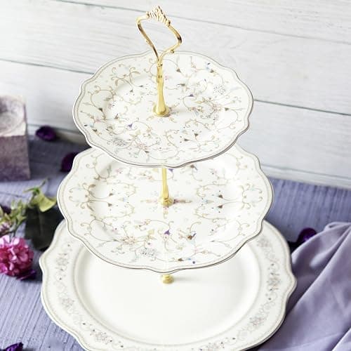 Vigneto White Pattern Three Tier Dessert Stand, Cupcake Display and Cake Stand, Detachable Serving Dessert Tower | Finest Premium Porcelain