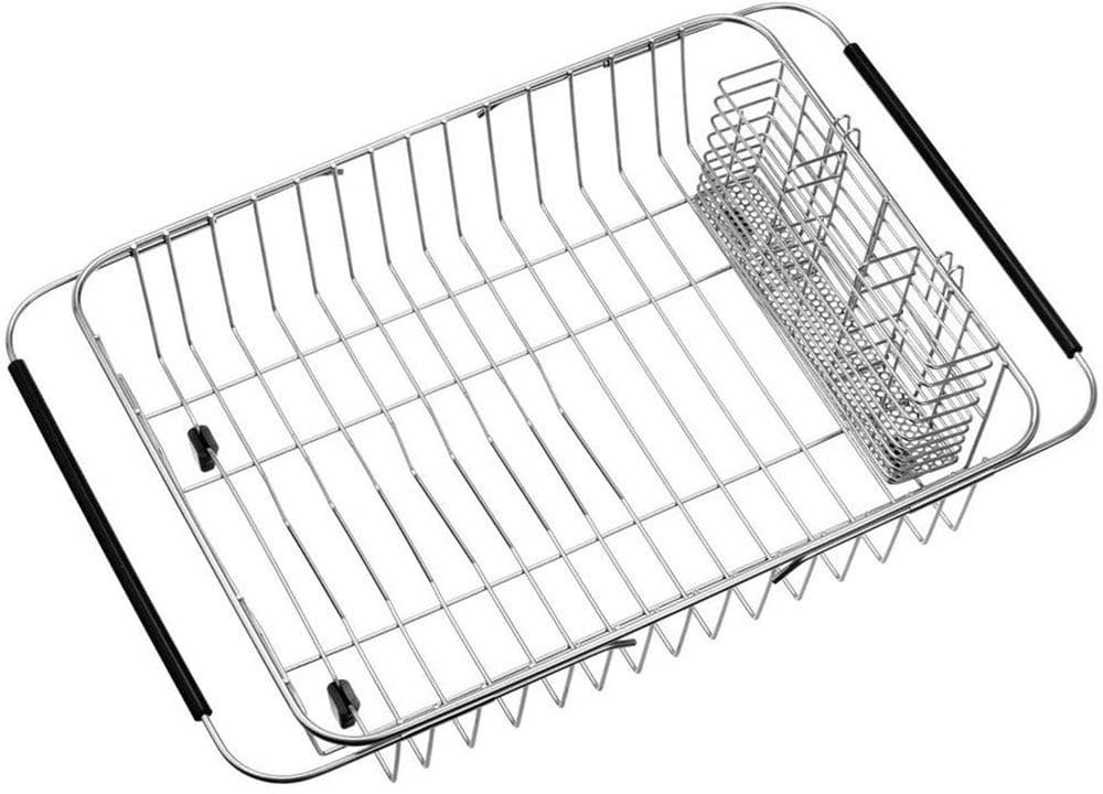 SANNO Expandable Dish Drying Rack Over Sink Dish Rack Shelf in Sink or On Countertop with Stainless Steel Utensil Holder Rustproof Stainless Steel