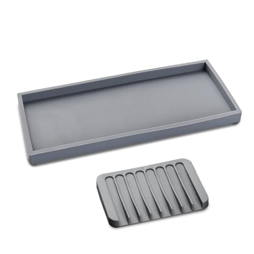 Bloss Silicone Tray Set for Bathroom/Kitchen Counter- 15.7x5.9inch Bathroom Soap Dispenser Tray and Soap Holder, Silicone Vanity Trays Countertop Organizer for Scrubber, Perfume, Jewelry, Candle Tray