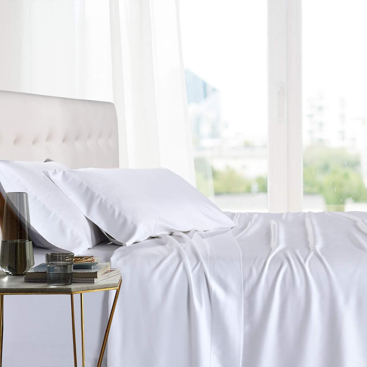 Royal Hotel Bedding 100 Natural Viscose Made from Bamboo Sheets Soft Cooling Sheets Breathable Hotel Sheet and Pillow Cases 5 Piece Set Adjustable King Size SplitKing White