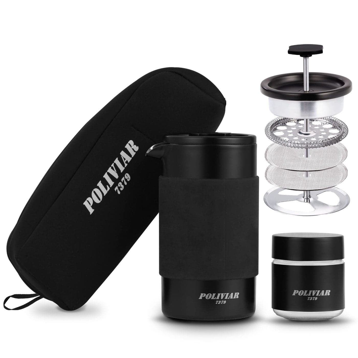 POLIVIAR French Press Coffee Maker 12 oz Portable French Press with Mini Canister and Collection Bag Double Wall Insulation Dual Filter Screen Food Grade Stainless Steel for Coffee