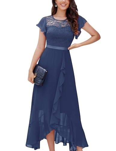BeryLove Formal Dresses for Women Wedding Guest Ruffle Short Sleeve Elegant Cocktail Bridesmaid Party Prom Homecoming Dress High Waist Lace Long Evening Gown 51NC Grayish Purple XS