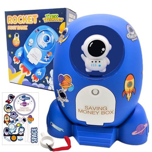 Rocket Ship Piggy Bank for Boys Money Safe Astronaut Piggy Banks for Kids Cash Coin Can ATM Bank Coin Money Bank for Kids with Key Astronaut Sticker Practical Gifts for Children Boys and Girls (Blue)