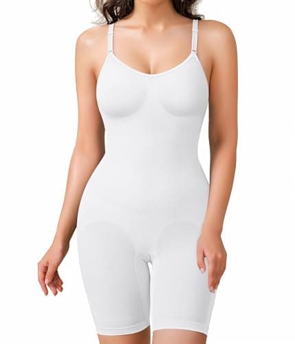 BRABIC Waist Trainer Bodysuit for Women Tummy Control Shapewear Round Neck Seamless Butt Lifter Full Body Shaper (Medium, White Mid Thigh)