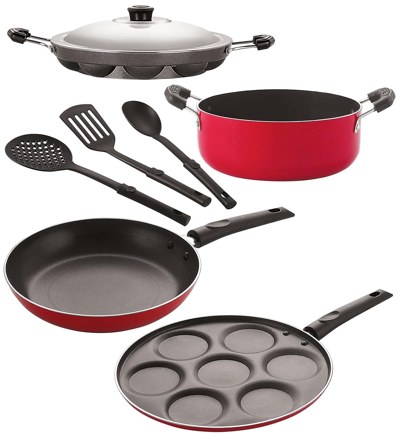Nirlon Nonstick Coated Aluminium 7 Pcs Set of Appam-12 Cavity,Uttapam-7 Cavity,Casserole-22cm,Tapper Pan-24cm & 3 Spoon (2.6mm_AP(12)_UP7_Cass22_TP24_3SPN)