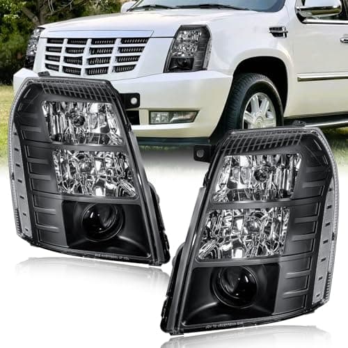 Fullux HID Projector Headlight Assembly for 2007-2014 Cadillac Escalade/2007-2014 Escalade ESV/2007-2013 Escalade EXT Left Right Side Headlamp Black Housing Clear Reflector