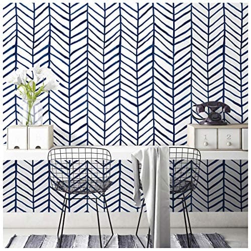 HAOKHOME Blue Wallpaper Navy Peel and Stick Wall Paper Modern Stripe for Bathroom Herringbone Removable Decoration 17.7in x 9.8ft
