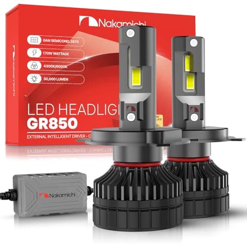 Nakamichi GR850 Series H4 LED Light Bulbs for Replacement, 30,000 Lumens 170W Per Set, Super Bright Cool White, Plug and Play, High & Low Beam, Pack of 2 4300K, H4 (HB2 9003)