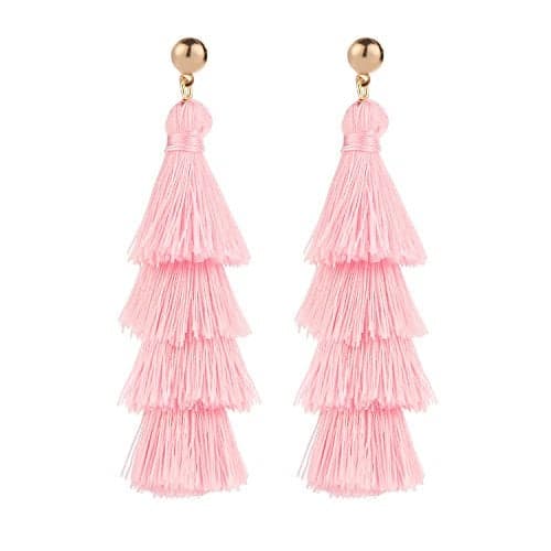BaubleStar Fashion Tassel Dangle Earrings for Women Layered Long Bonita Tiered Pink Thread Tassel Drop Statement Jewelry