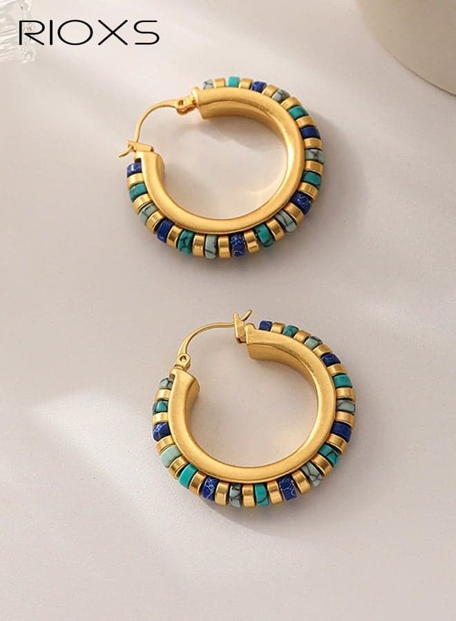 Vintage Turquoise Hoop Earrings for Women, Delicate Natural Stone Earrings for Ladies, 18k Gold Plated Medium Hoop Earrings, Bohemia Beads Gemstone Earrings, Summer Beach Travel Hawaiian Dress Handmade Jewelry