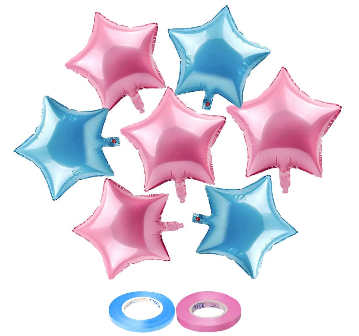 AMFIN® (Pack of 24) 9 Inch Small Star Shape Blue and Pink Foil Balloon with Ribbon for Birthday, Wedding, Anniversary, Welcome Baby Shower, Kids Party, Home Decoration - Blue & Pink