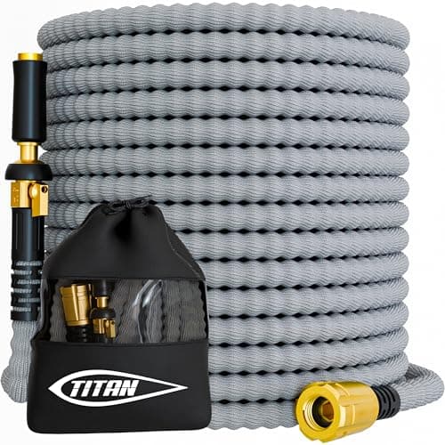 TITAN Flexible Garden Hose 25FT Ultra Lightweight Heavy Duty Water Hose with Brass Fittings Jet Nozzle KinkFree NonExpanding Durable Fabric Hose for Yard Lawn Car Wash Outdoor Use