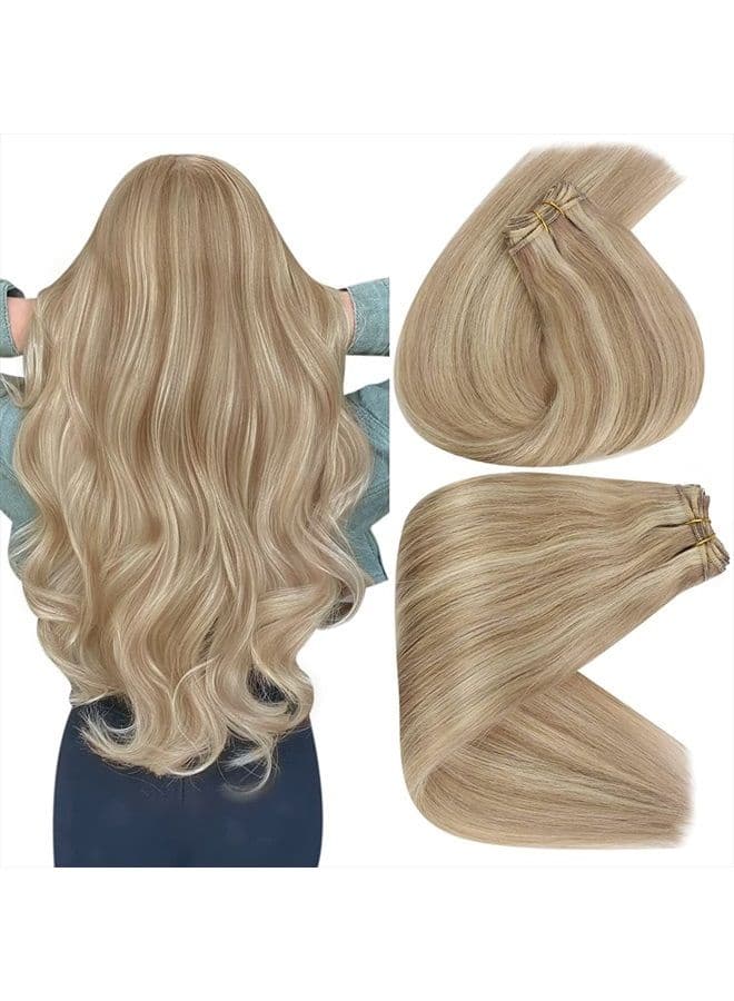 Sunny Sew in Hair Extensions Real Human Hair Blonde Highlights 18inch 100g Weft Hair Extensions Human Hair Dark Ash Blonde Mix Golden Blonde Human Hair Extensions Sew in Weft Human Hair Bundles
