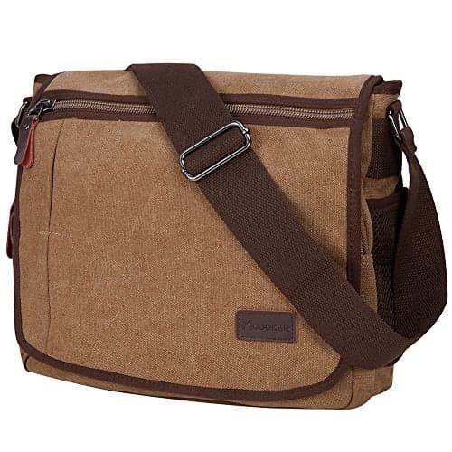 Modoker Messenger Bag for Men, 13 Inches Laptop Satchel Bags, Canvas Shoulder Bag with Bottle Pocket, Brown