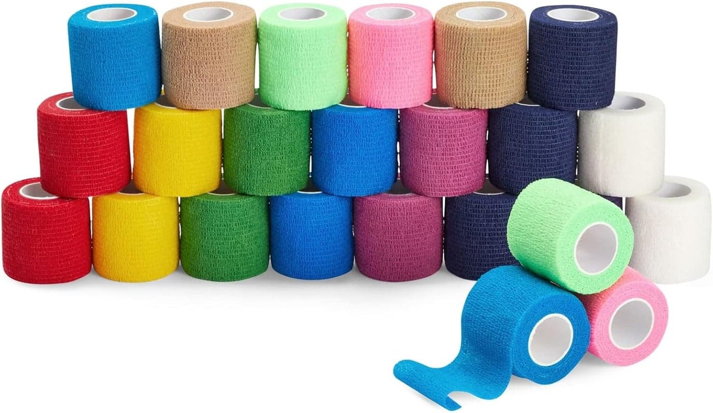 Juvale Self Adherent Bandage Wrap 2 in x 5 yd 24 Rolls Multicolor Elastic Cohesive Adhesive Bandage for Tattoo Grip Sport Tape Vet Wrap Wrist Support