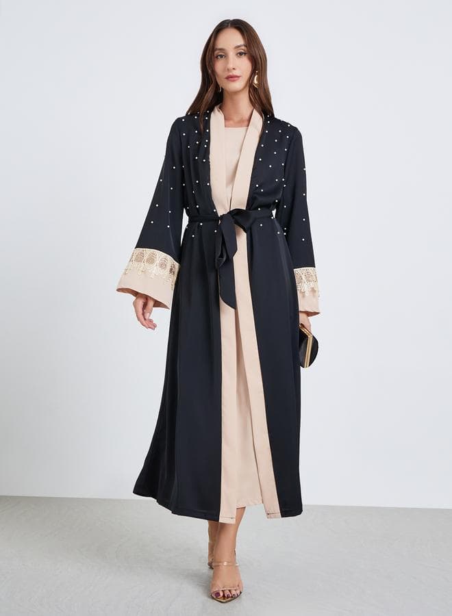 Women Faux Pearl Decor Belted Abaya and Dress Co-Ords