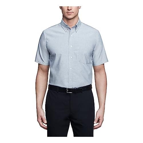 Van Heusen Men's Short Sleeve Dress Shirt Regular Fit Oxford Solid, Greystone, Large