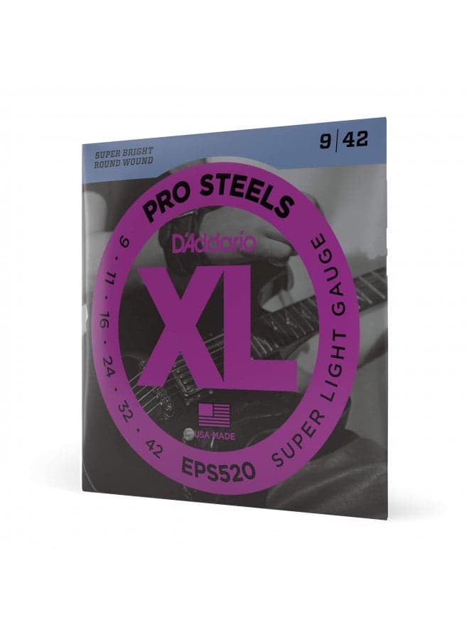 D'Addario Guitar Strings - ProSteels Electric Guitar Strings - Round Wound - Brighter, Crunchier, Increased Sustain - EPS520 - Super Light, 9-42