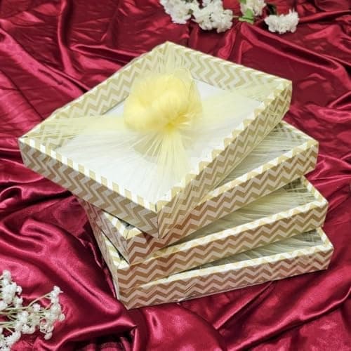 SATYAM KRAFT 3 Pcs Decorative Folding Gift Boxes with Net| Rectangular Cardboard Hampers for Birthday Return Gifts, Sweets, Wedding, Haldi, Event & Festivals Gifting (Golden)