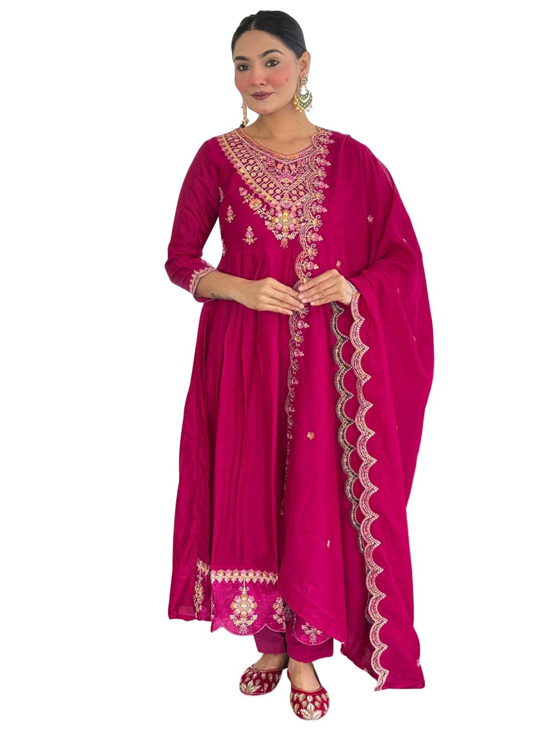 Naixa Women's Vichitra Silk Embroidered Flared Kurta Pant Dupatta Set – Ethnic Wear, 3-Piece Set for Wedding and Festival (NX4-731-Rani-S)