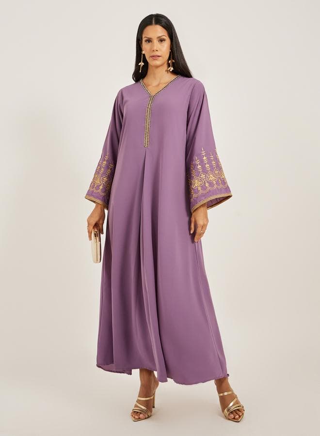 Embroidered V-Neck Flared Kaftan
