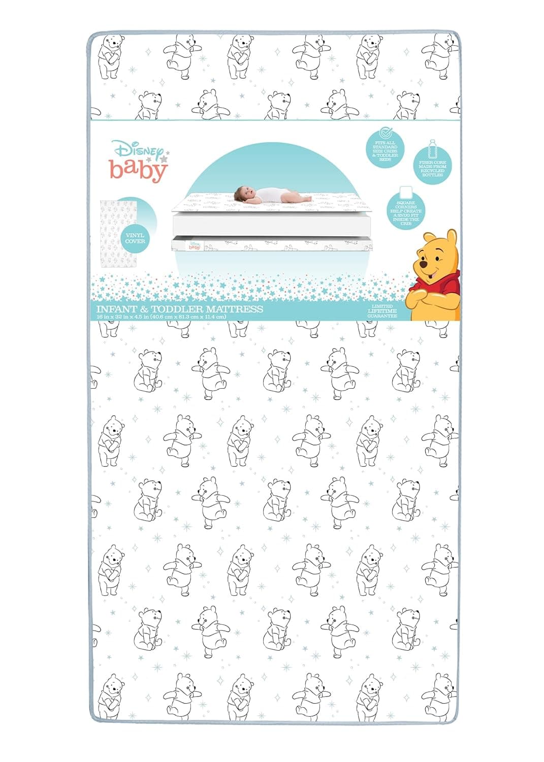 Delta Children Disney Winnie the Pooh Crib Toddler Mattress DualSided Waterproof GREENGUARD Gold Certified NonToxic Lightweight Made in USA Sustainable Fiber Core 52L x 275W
