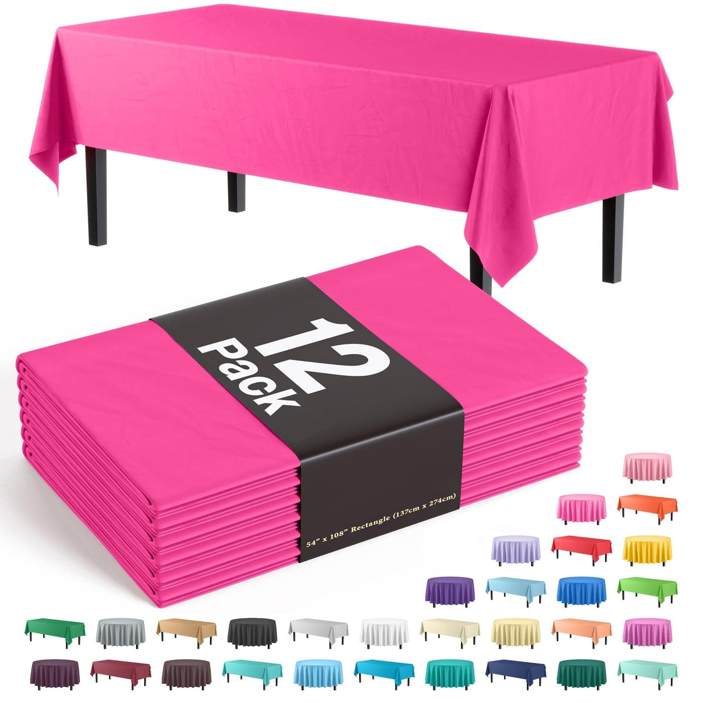 Exquisite 12Pack Premium Plastic Tablecloth 54in x 108in Rectangle Table Cover Cerise