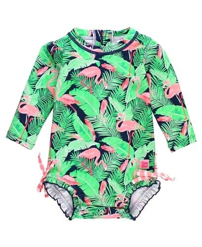 RuffleButts Baby Girls UPF 50 Sun Protection Tropical Print Long Sleeve One Piece Rash Guard Swimsuit with Zipper Flamingo Frenzy 1218m