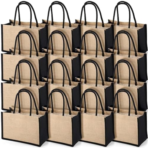 Reginary 16 Pcs Jute Tote Gift Bags Natural Burlap Grocery Shopping Bag Beach Tote with Handle for Bridesmaid Wedding Travel(Black Trim)