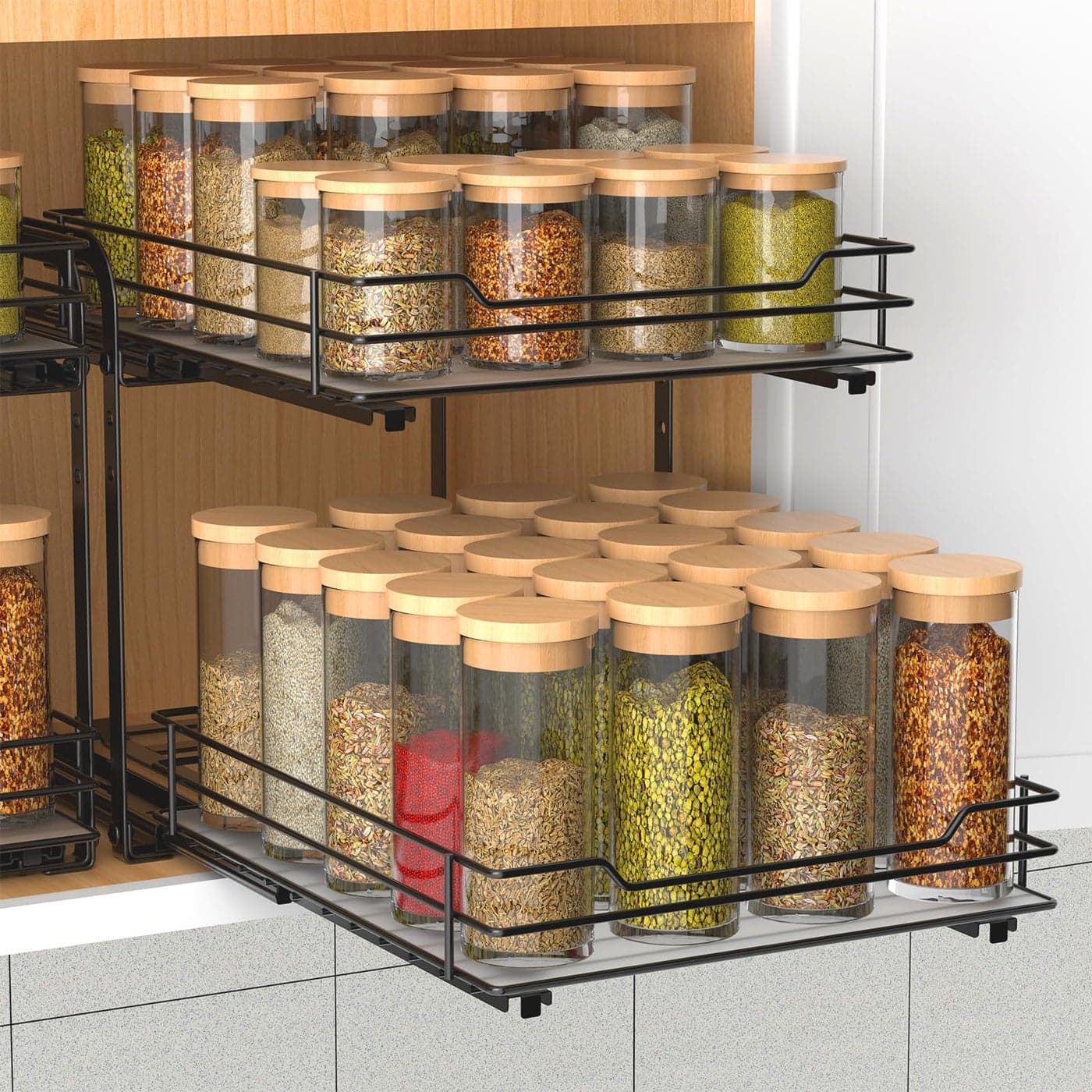 BOIVSHI 2Tier Spice Rack Pull Out Cabinet Organizer Spice Racks Height Adjustable Heavy Duty Metal Basket for Inside Cabinets Pantry Closet95Wx105Dx95H