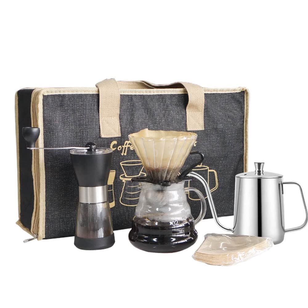 SOTECH Pour Over Coffee Maker Set with Black Gooseneck Kettle Wooden Filter Holder Coffee Dripper Glass Server with Paper Coffee FiltersDIY Manual Coffee Maker Set EcoSetbag