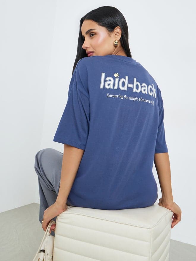 Blue Laid-Back Front and Back Puff Print 100% Cotton Oversized T-Shirt