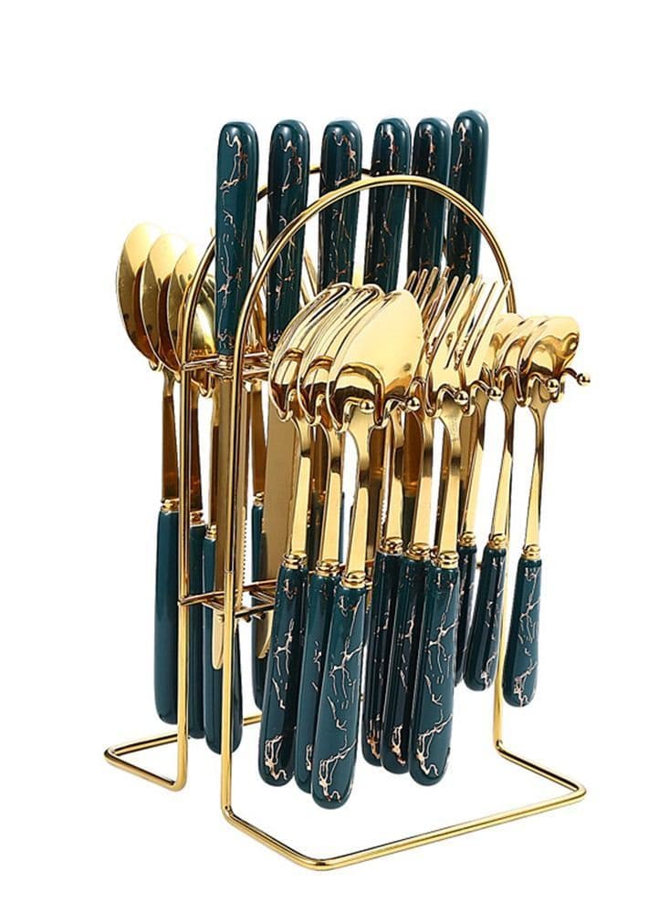 24 Piece Ceramics Stainless Steel Flatware Set with Knife Spoon Fork(Dark Green)
