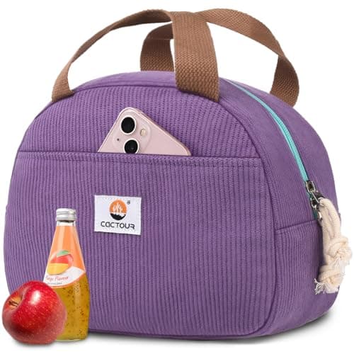 CaCTOUR Lunch Box Lunch Bag for Women Girls Teens Cute Lunch Box Cooler Bag Portable Small Insulated LunchBox Reusable Corduroy Lunch Tote for WorkTravelPicnicSchool Purple