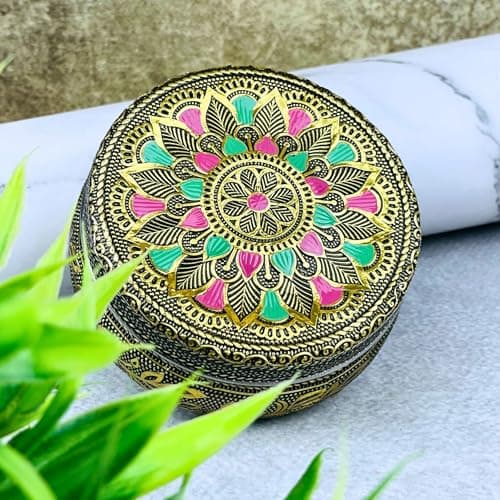 Floral Mandala Steel Container with Lid for Kitchen Storage | Oxidized Meenakari Snack Box | Stainless Steel Dabba for Dry Fruits, Mukhwas, Spices, Return Gift (Pack of 12)
