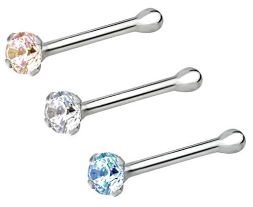 Forbidden Body Jewelry Nose Rings Sterling Silver CZ Simulated Diamond Micro Nose Studs 22G Set of 3 (Clr/AB/Aqua)